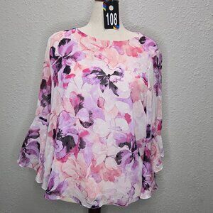 Pink Floral Chiffon Blouse with lining by Kasper Sz Lg, Excellent Pre-Owned Cond